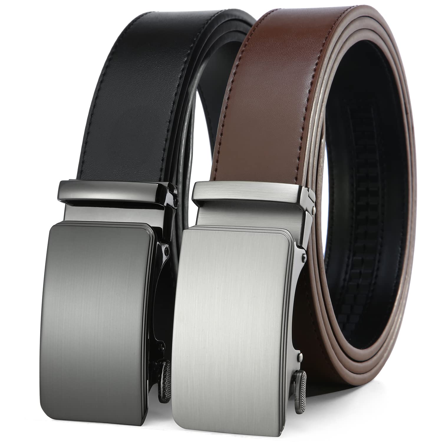 Photo 1 of 2 Pack Ratchet Belt 1 3/8", Leather Dress Belt with Click Sliding Buckle in Gift Set Box, Mens Adjustable Belt Trim to Fit (02 Black/Brown Genuine Leather Strap, 28"-42" Waist Adjustable)