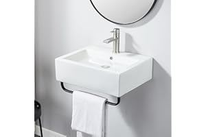 VC CUCINE VCCUCINE Modern 21x16 Inch Wall Mounted Bathroom Vessel Sink with Towel Rack,White Rectangle Wall Hung or Countertop Porcelain Ceramic Lavatory Bath Vanity Sink Art Basin with Faucet Hole and Overflow