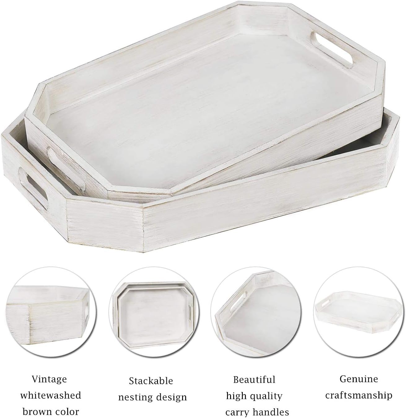  | 2PCS Octagonal Natural Wood Finish Serving Tray with Cutout Handles and Angled Edges, Antique Whitewash Food Tray, Rustic Ottoman display Platter: Serving Trays
