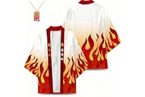 Aytanzus Flame Hashira Kyoujurou Rengoku Kimono Cloak Cardigan Cape Halloween Costume with Necklace for Men and Women