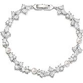 EVER FAITH Gorgeous Cubic Zirconia Wedding Jewelry for Bride Bridesmaid, Elegant Simulated Pearl Teardrop Tennis Bracelet Gift for Women