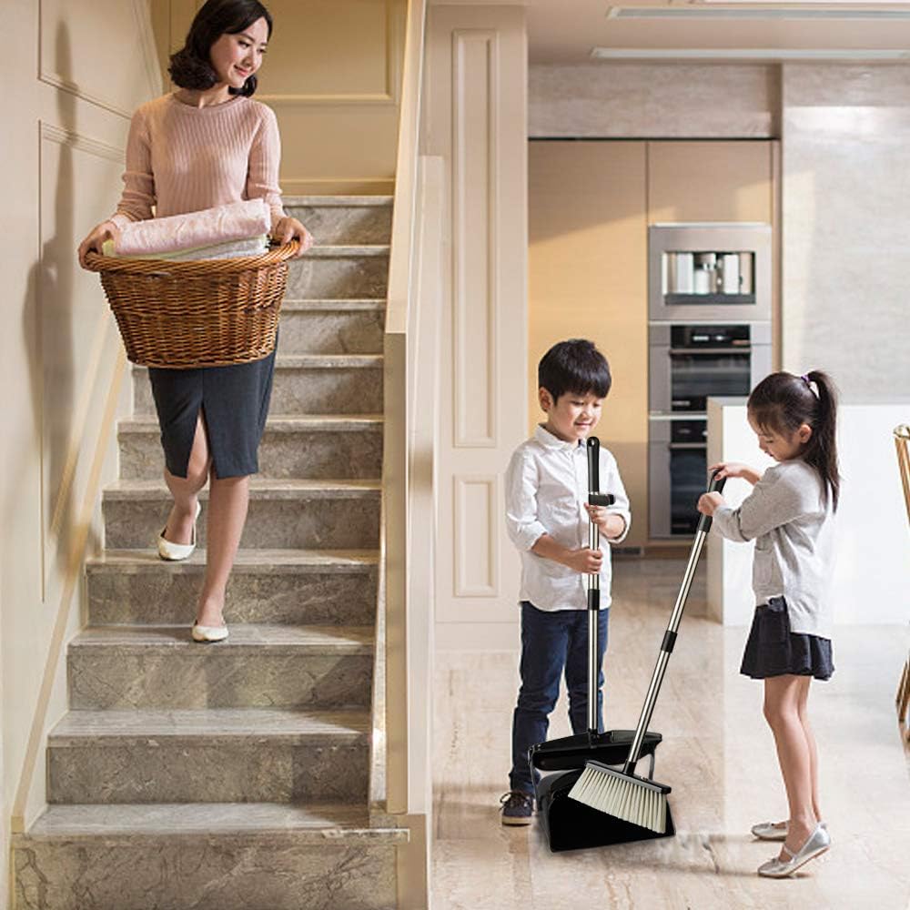 Broom and Dustpan Set with Lid, Stainless Steel Long Handle and Light Weight Lobby Broom Combo, Upright Dust Pan Ideal for Home, Kitchen, Room, Office Use by QJQBMAI: Health & Personal Care