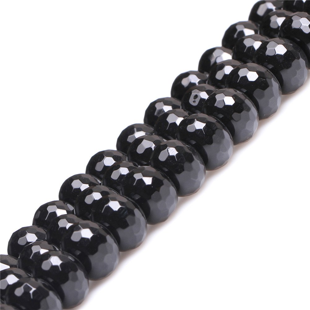 Sweet & Happy Girl's Store 10X14mm Rondell Faceted Black Agate Beads Strand 15 Inch Jewellery Making Beads