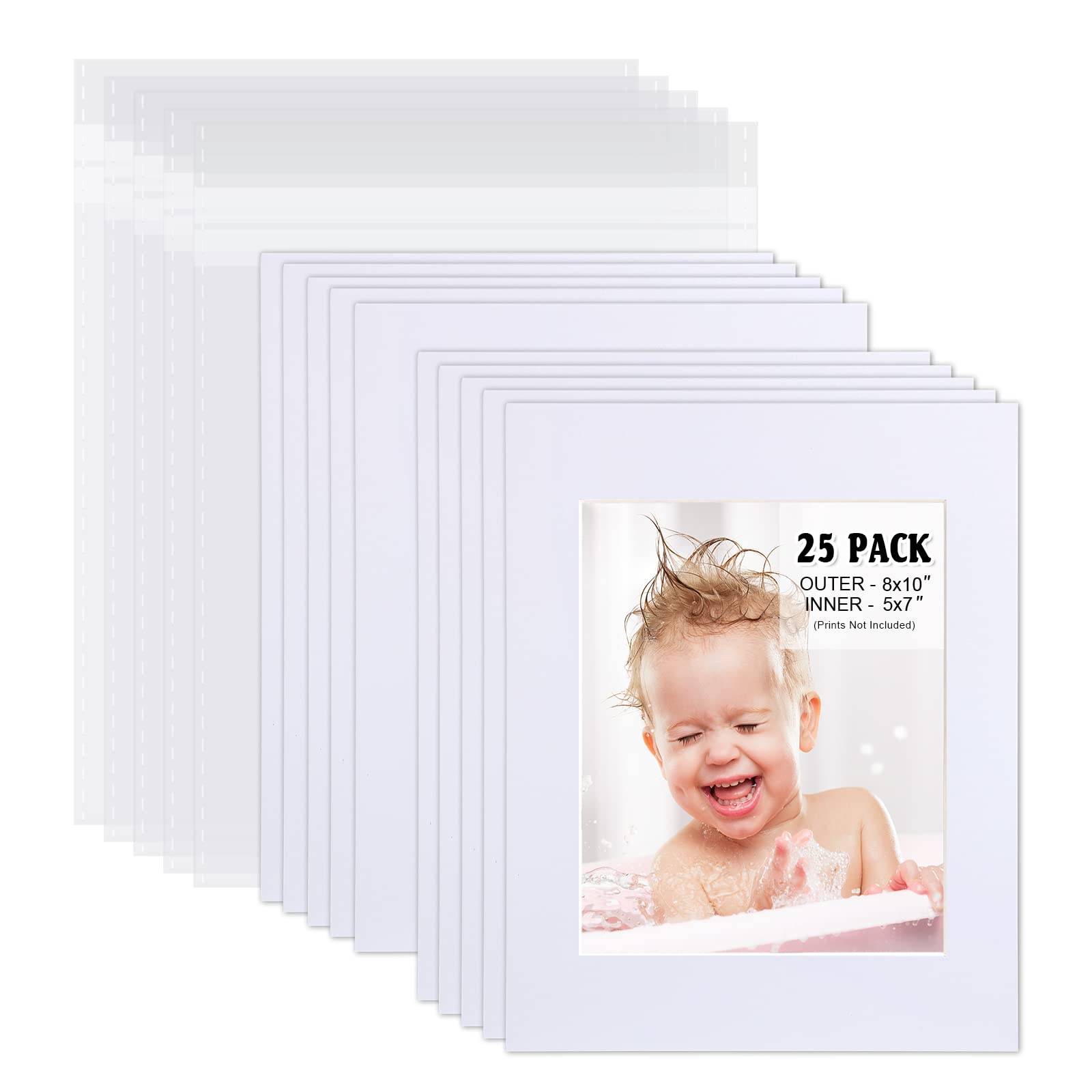 Photo 1 of Egofine Pack of 25 White Mat Board Pre-Cut 8x10 Picture Mat for 5x7 Photo with White Core Bevel Cut Mattes Sets. Includes 25 High Premier Acid Free Mats & 25 Backing Board & 25 Clear Bags