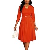 Elainone Womens 3/4 Sleeves Casual A Line Dress with Belt Church Work Wedding Guest Semi Formal Dresses