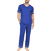 EA'S SECRET Mens Pajamas Set Short Sleeve Sleepwear 100% Cotton Nightwear Soft Comfy Pjs Sleep Set With Pocket