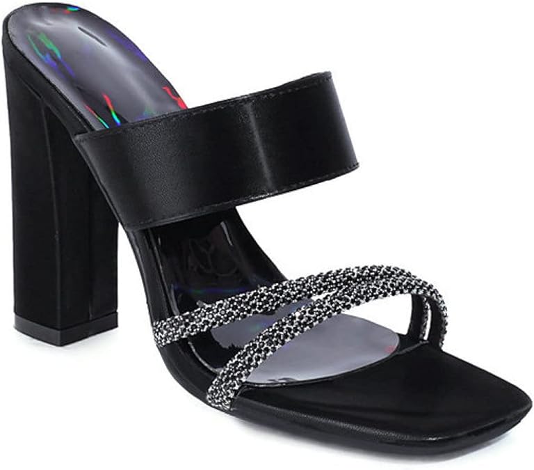 Womens Chunky High Heels Slide Sandals Rhinestone Strap Slip On Mules