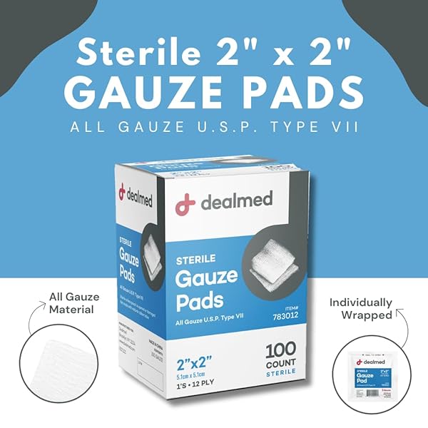 DEALMED 2’’ X 2’’ STERILE GAUZE PADS (100 COUNT) DISPOSABLE AND INDIVIDUALLY WRAPPED MEDICAL GAUZE PADS, WOUND CARE PRODUCT FOR FIRST AID KIT AND MEDICAL FACILITIES (PACK OF 1)