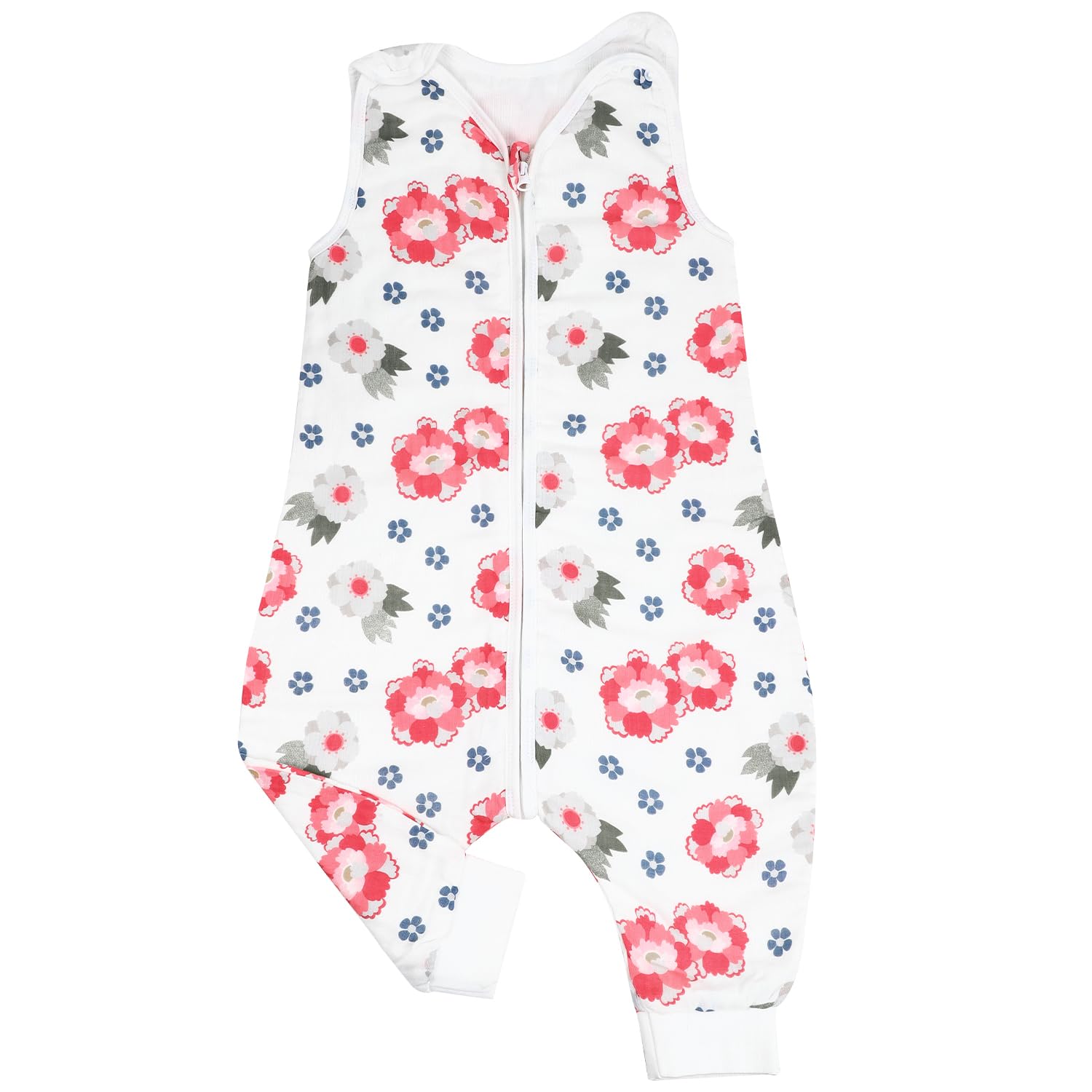 FLYISH DIRECT 0.5 Tog Sleeping Bag with Legs, Muslin Cotton 0.5 Tog Sleep Sack with Feet, Summer Sleeveless Sleepsuit Breathable, White Flower, S