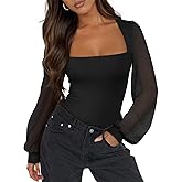 PINKMSTYLE Women's Square Neck Double Lined Mesh Long Sleeve Bodysuits Slim fit Trendy Going Out Tops Shirts