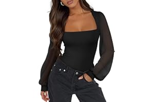 PINKMSTYLE Women's Square Neck Double Lined Mesh Long Sleeve Bodysuits Slim fit Trendy Going Out Tops Shirts