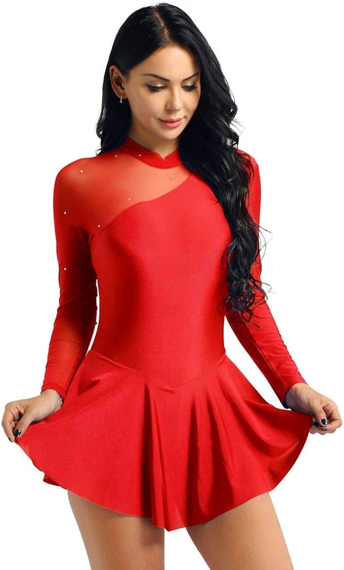 MSemis Women Adult Long Sleeve Mesh Figure Ice Skating Dress Ballet Leotard Dress Lyrical Dance Costume: Clothing