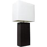 Elegant Designs LT1025-BLK Modern Leather Table Lamp with White Fabric Shade, Black