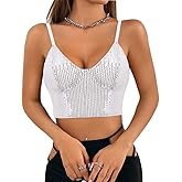 Haoohu Women's Sparkly Sequin Spaghetti Strap Crop Top Sleeveless V Neck Rave Tank Vest Clubwear