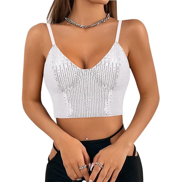 Naimo Women's Sparkle Sequin Crop Top Sleeveless V Neck Spaghetti