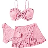SHENHE Girl's 3 Piece Cute High Waisted Ruffle Trim Swimsuit Bikini Sets with Beach Skirt