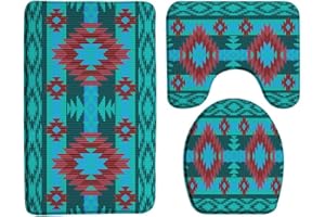 Sunhe 3 Piece Bath Rug Mat Sets Native American Aztec Colorful Southwestern Navajo Abstract Retro Tribal Geometric Boho Bathroom Doormat Rugs, Toilet Seat Cover, U-Shaped Floor Mat