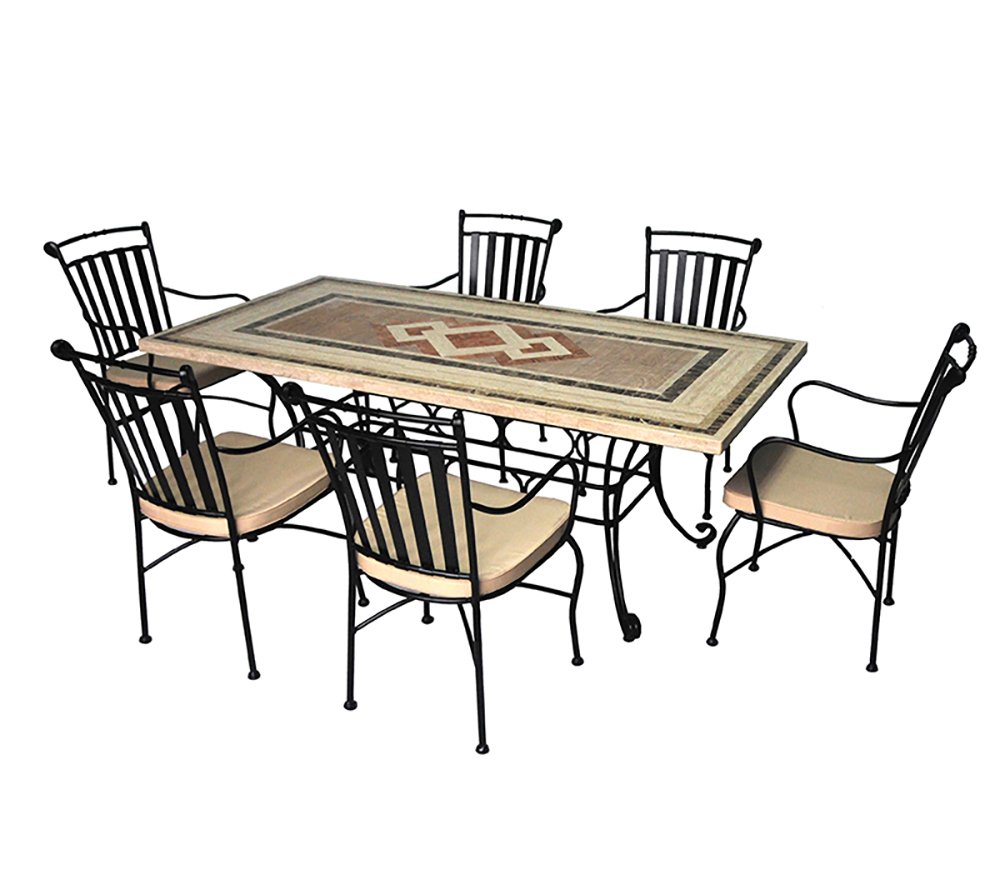 Eine Möbelgarnitur für Garten aus 6 Stühlen und 1 Tisch, ein