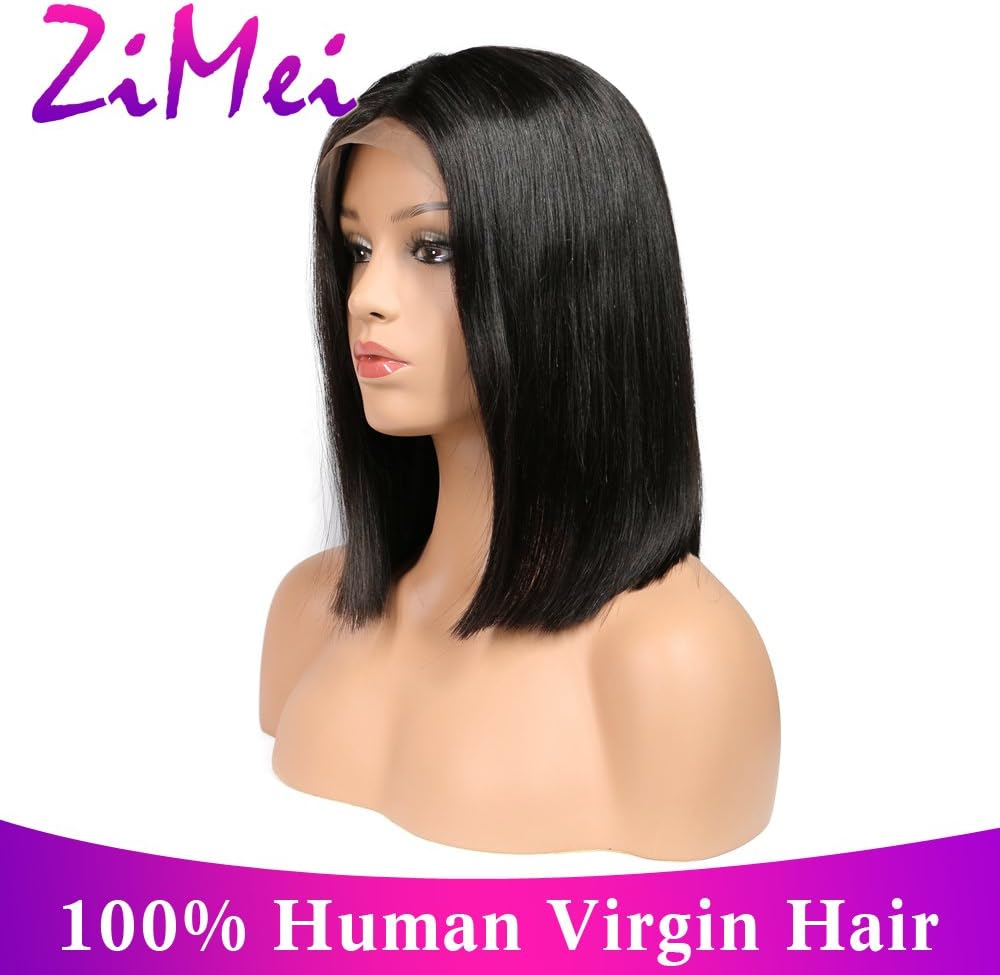 ZiMei Straight Glueless Lace Front Wigs Brazilian Virgin Human Hair Short Bob Wig Free Part with Baby Hair 130% Density with Comb and Strape 8 inch