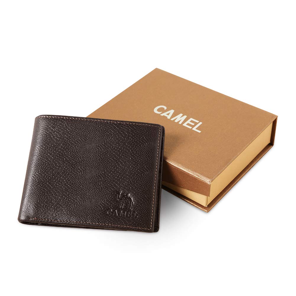 CAMEL CROWN Men\'s Wallet, Slim Fold Leather Wallet with Credit Card Slots and ID Pocket (Dark Brown)
