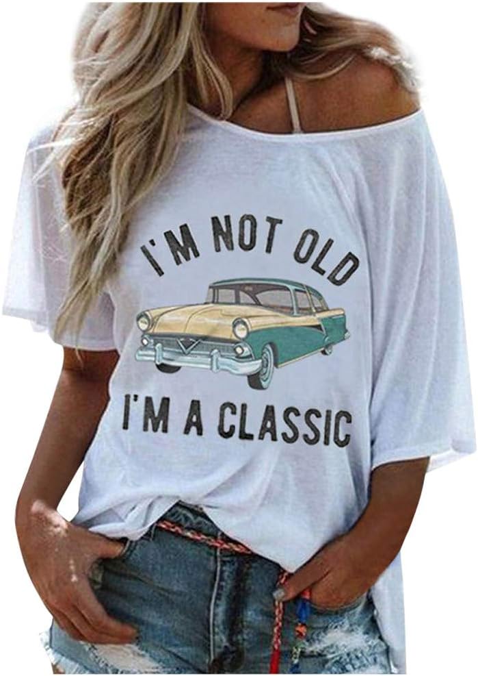 Vedolay Shirts for Women Fashion Round Neck Letter Print Tee Shirt Funny Casual Short Sleeve T-Shirt Top Blouses