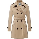 KVE Women's Classic Double Breasted Pea Coat Winter Mid-Long Slim Trench Coat with Belt