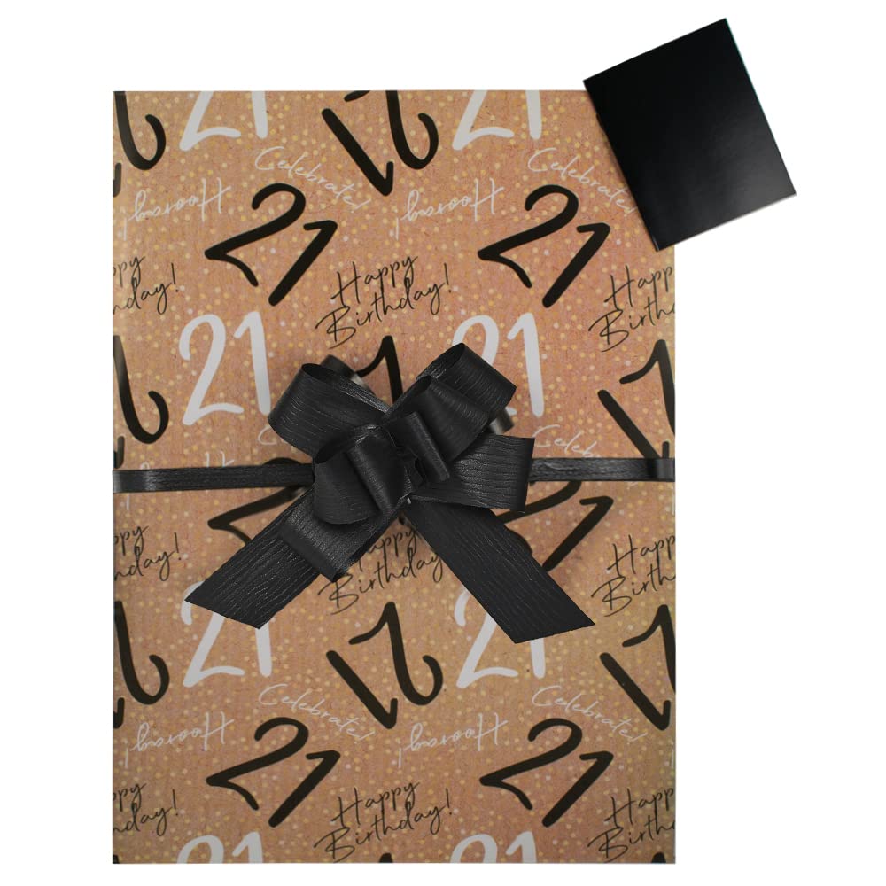 21st Birthday Gift Wrap Pack, 2 Sheets Wrapping Paper, Black Tags and Pull Bows, Packaged in an A4 Boarded Envelope for Protection. Male Female Twenty First Present, Silver