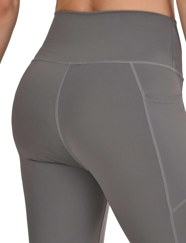 Leggings 7/8 Taille Haute pour Femmes – Leggings Ultra Doux avec Contrôle du Ventre et 2 Poches Latérales Ouvertes pour la Course, la Gym et Le Yoga -Charcoal/Grey, M
