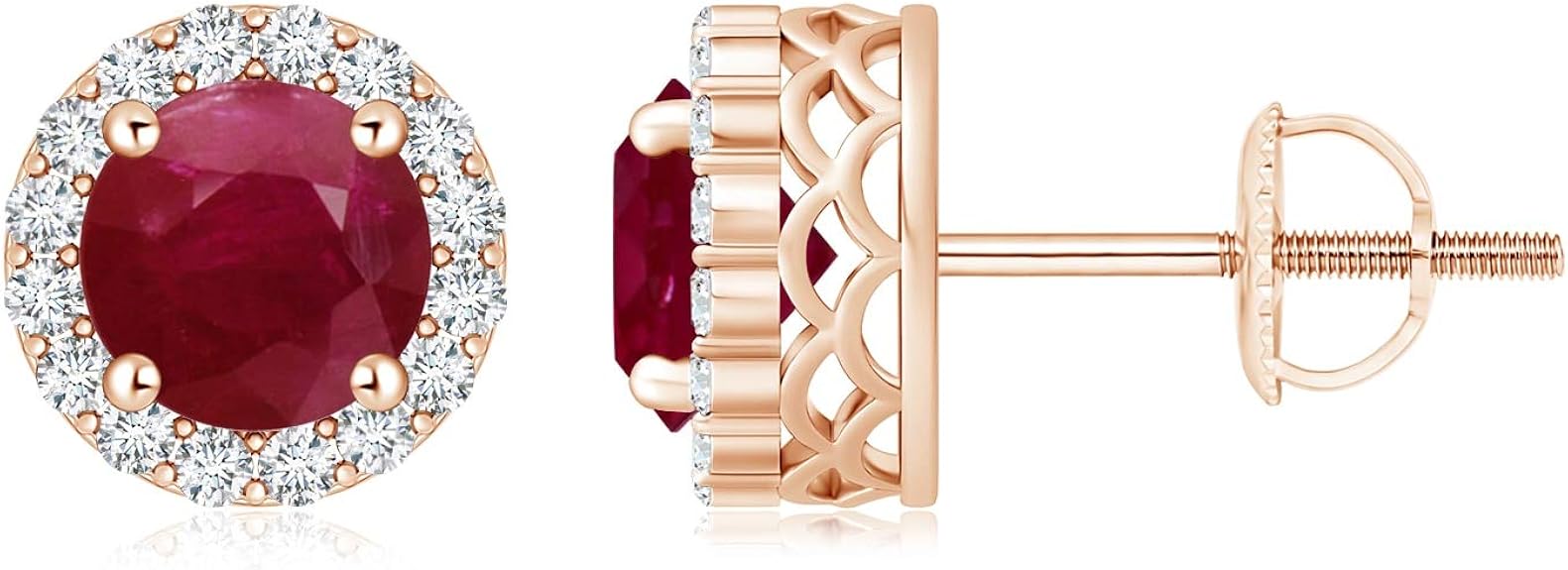 Round Ruby and Diamond Halo Stud Earrings in 14K Rose Gold (6mm Ruby