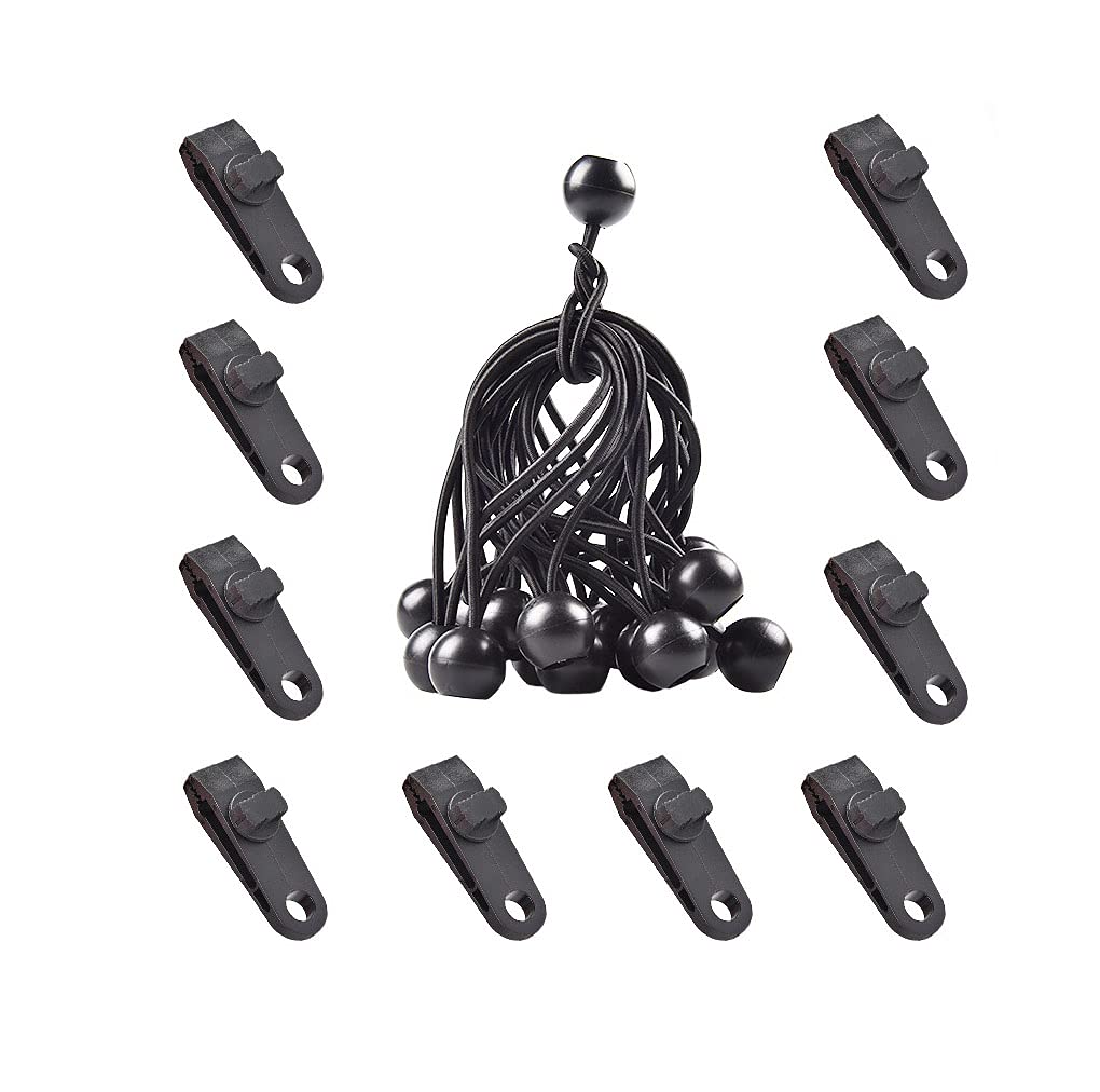 Tiardey 20pcs Tarp Clips Duty Lock Grip,Tent Fasteners Clips Holder,Pool Awning Cover Bungee Cord Clip,Car Cover Clamp - 10 Clips + 10 Black Fluorescent Elastic Bands