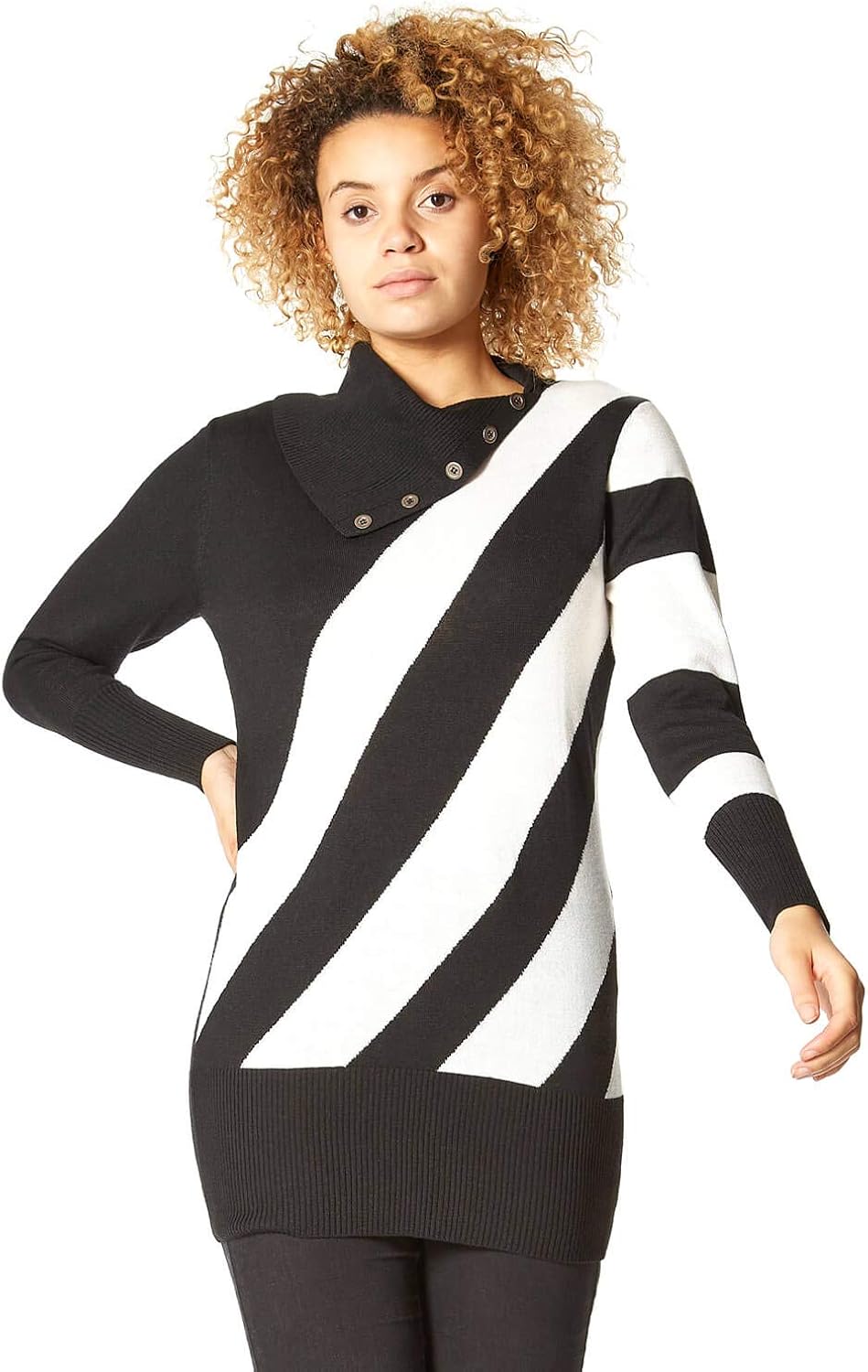 Roman Originals Women Stripe Split Neck Button Detail Tunic Jumper
