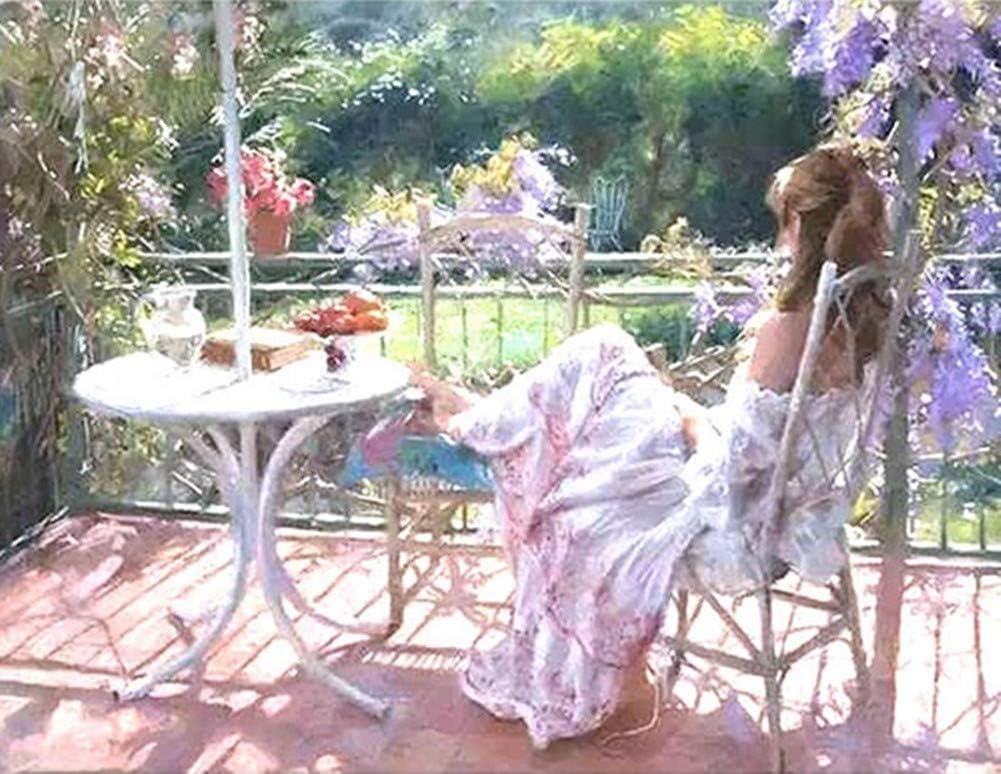 YEESAM ART Paint by Numbers for Adults Beginners Pretty Girl & Garden Tea Time 16x20 inch Linen Canvas Acrylic DIY Number Painting Kits Wall Art Decor Gifts