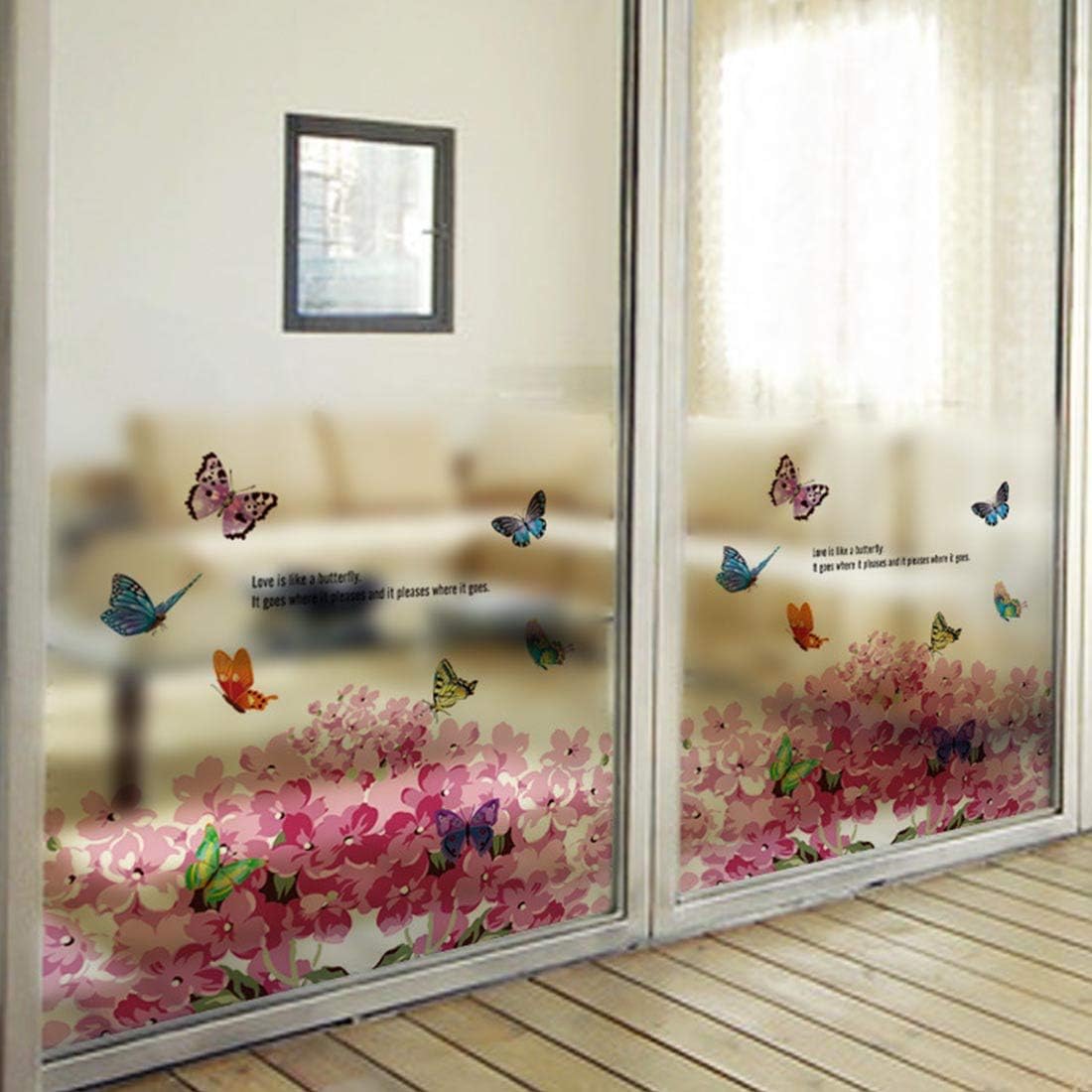 HBOS Self-adhesive Window Frosted Film Removable Glass Privacy Sticker Static Cling Decal Butterfly Hydrangea Pattern Mural Decoration for Bathroom Shower Door - 2 Pcs