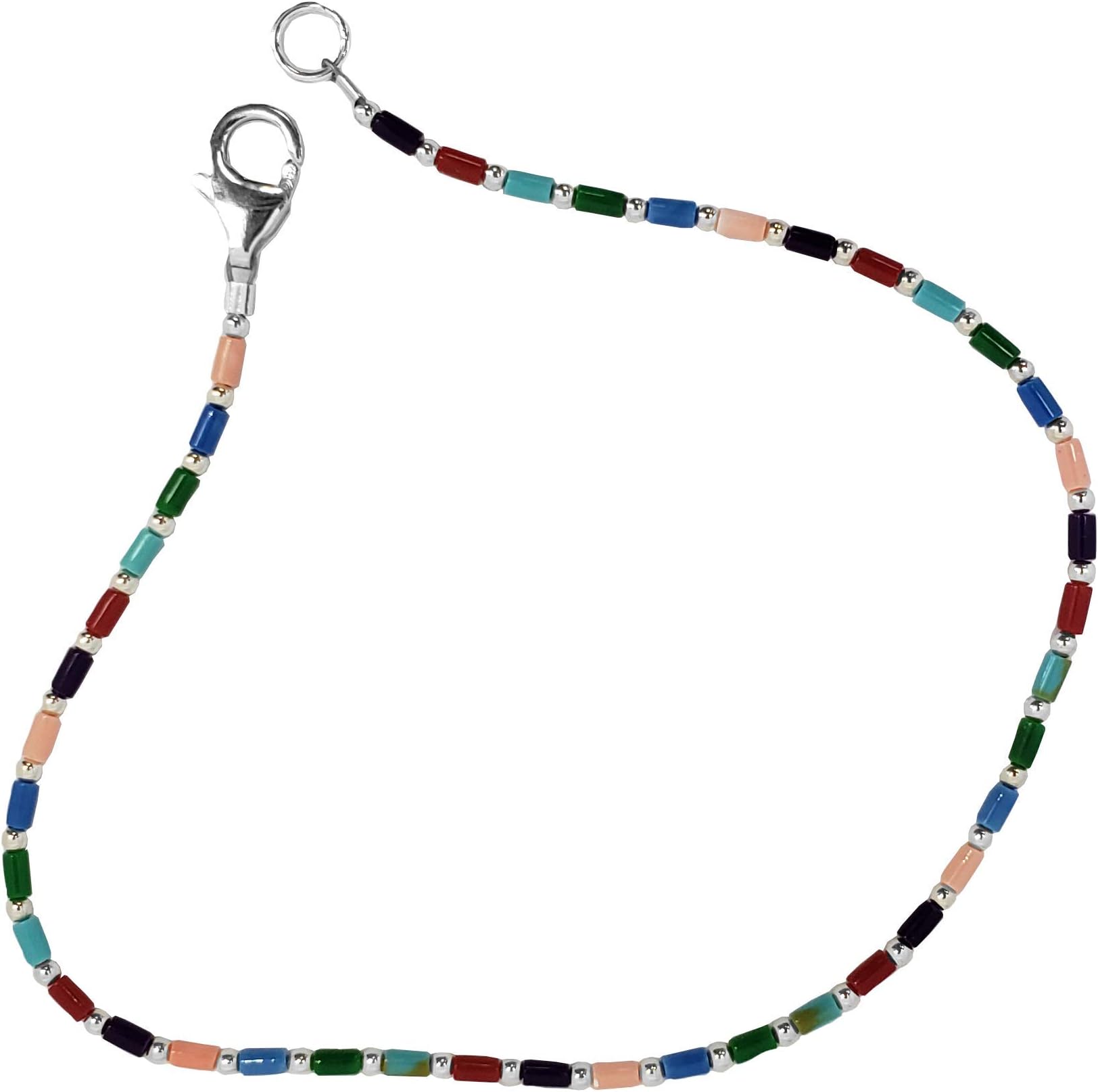 FRONAY Sterling Silver Anklet Bracelet for Women, Rainbow Multi Color Tube Stones 9"