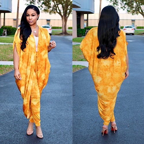 Womens 2 Piece Outfit Tie Dye Ombre Cardigan Outerwear and Pants Set yellow Medium