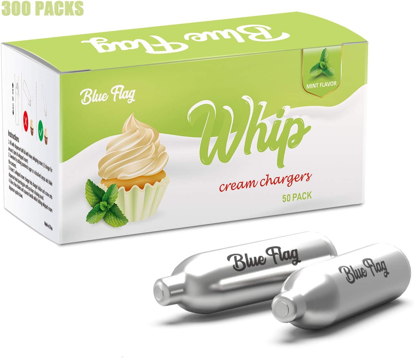 BLUE FLAG Mint Flavor Whipped Cream Chargers N2O Nitrous Oxide 8-Gram Cartridge for Whipper Whipped Cream Dispenser - 300 PACK