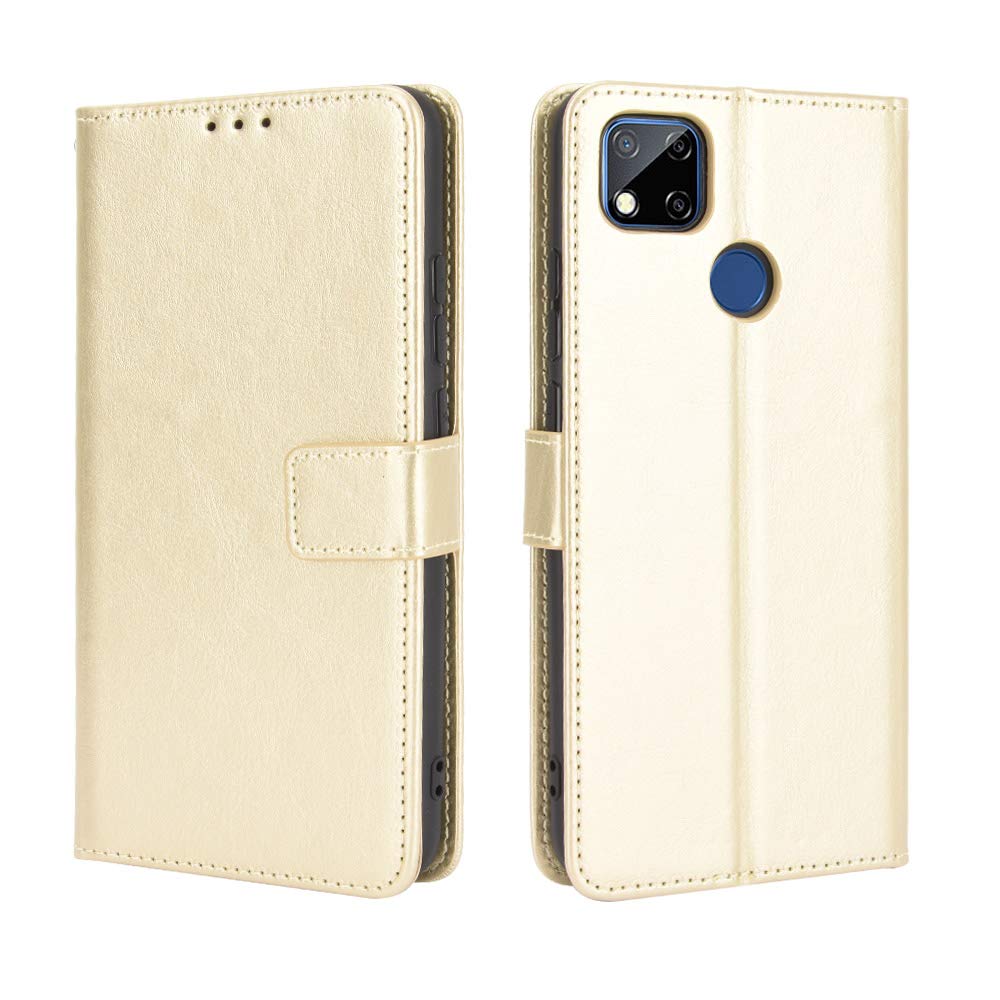 BaiFu Wallet Case for Xiaomi Redmi 9C Case, Retro Style Wallet Magnetic Cover with Credit Card Slots and Flip Stand, Leather Phone Case Compatible with Xiaomi Redmi 9C, Golden