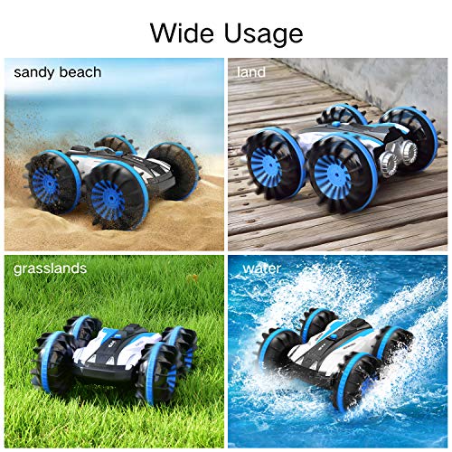 Yuboa Waterproof Remote Control Car Boat,4WD RC Cars 360 Degree Spins and Flip Water Land RC Vehicle 2.4Ghz,Double Sided Stunt Waterproof RC Truck Toy for Boys Kids Xmas Present Blue - Thumbnail 2