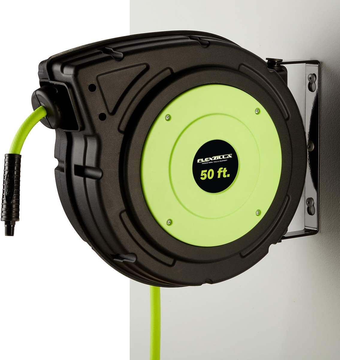 Flexzilla Retractable Enclosed Plastic Air Hose Reel, 3/8 in. x 50 ft, Heavy Duty, Lightweight, Hybrid, ZillaGreen - L8250FZ: Automotive