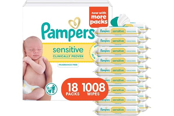Pampers Sensitive Baby Wipes, Clinically Proven, Fragrance Free, Unscented, Water Based, Hypoallergenic, Multi-Use, Hand Wipes 1008 Wipes Total (18X Flip-Top Packs) [Packaging May Vary]
