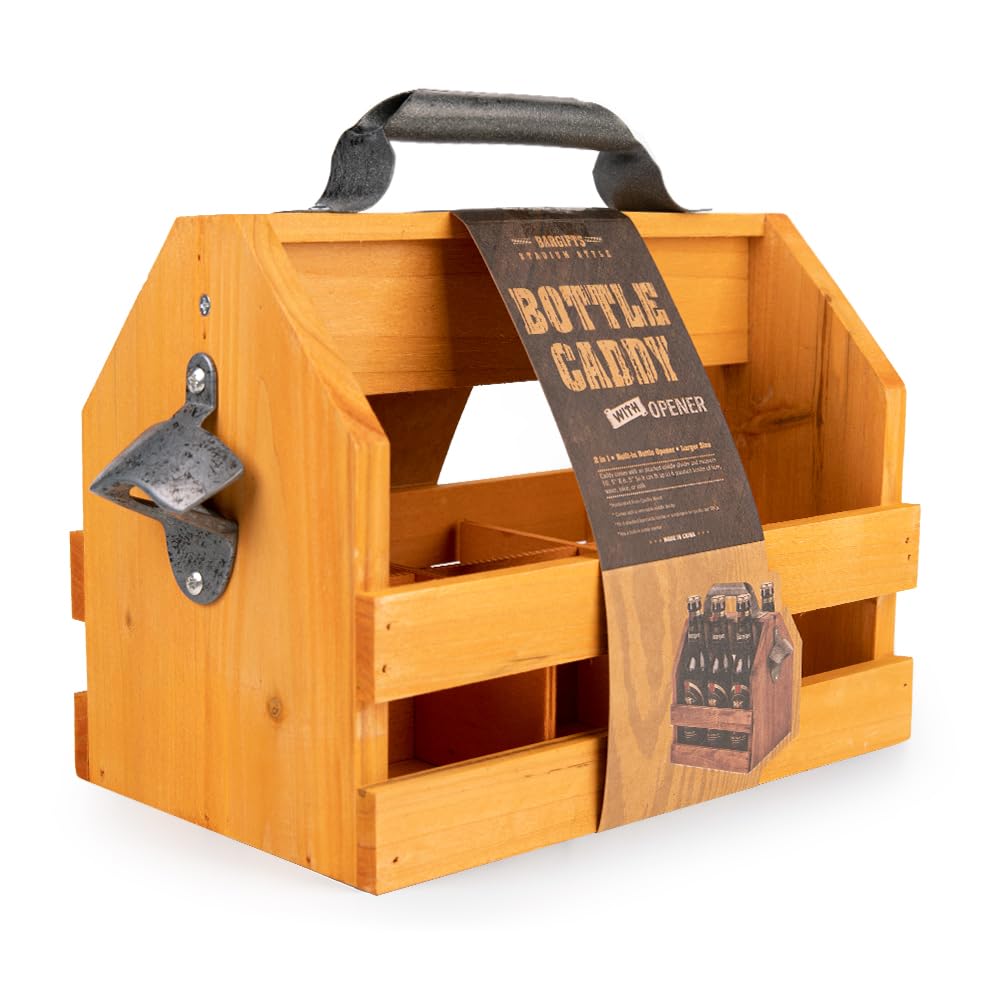 Mealivos Wooden Bottle Caddy, 6-Pack Beer Carrier with Built-In Metal Bottle Opener, Beer Buckets for 6 Beers