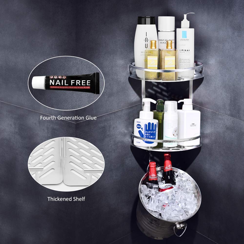 Badregal Ohne Bohren, Sunvito Eckregal Duschregal Ohne Bohren, Badezimmerablagen Anti-Rost Aluminiumlegierung mit 2 Etagen für Bad, Küche