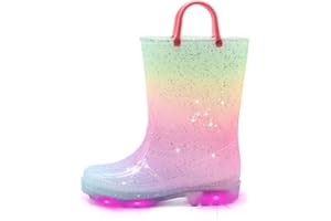 EUXTERPA Toddler Kids Waterproof Light Up Rain Boots Patterns and Glitter Boots with Handles for Boys Girls