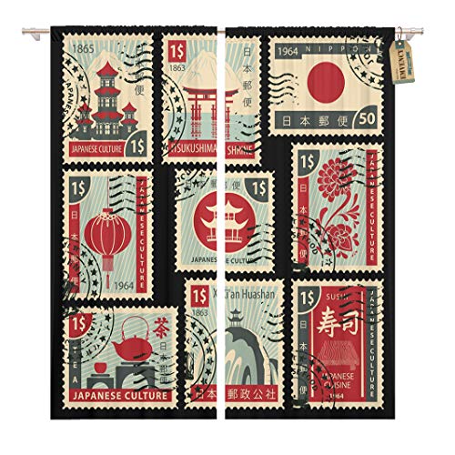 Golee Window Curtain Postage Stamps Japanese Culture Hieroglyph Japan Post Sushi Home Decor Rod Pocket Drapes 2 Panels Curtain 104 x 96 inches