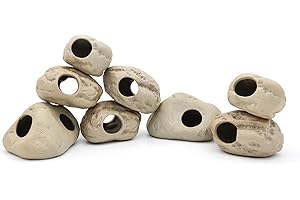 pewyoke Aquarium Decorations Stackable Ceramic Cave Betta Fish Tank Accessories Rock Cave Decor 8-Piece Set