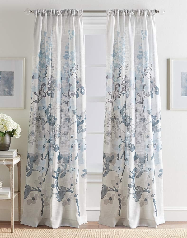 CHF Daphne Floral Print Medium Weight Rod Pocket Window Curtain Panel, 50W x 84L, Blue