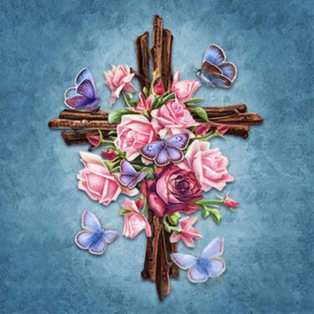 Flower Butterfly Cross Diamond Painting - PigBoss 5D Full Diamond Embroidery Religion Cross Diamond Dots Kits Home Decor Art Gift (11.8 x 15.7 inches)