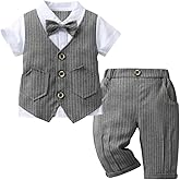 Dressy Daisy Baby Toddler Boy Summer Wedding Pinstripe Vest Suit Gentleman Formal Outfits with Bow Tie, Black/Gray