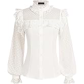 Scarlet Darkness Women's Victorian Lace Tops Polka Dot Button Down Long Sleeve Shirt