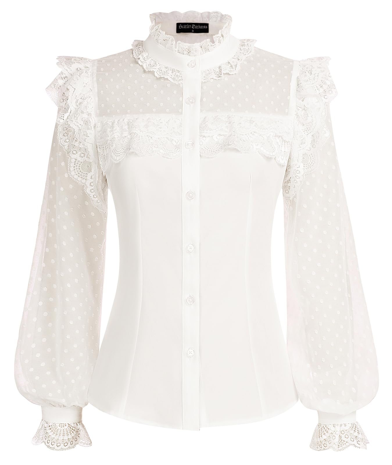 Women's Victorian Lace Tops High Neck Button Down